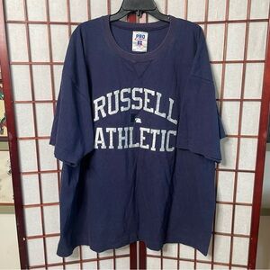 Vintage Russell Athletic T-Shirt Navy Blue USA Made Pro Cotton Spell Out XXL 90s
